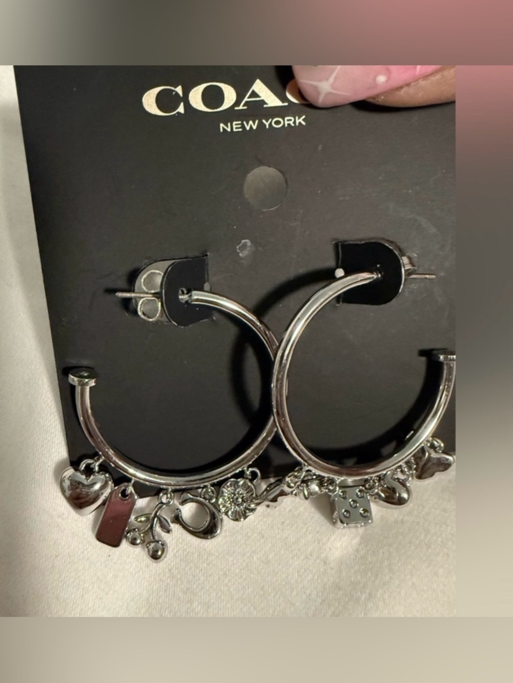 Coach Silver Tone Charm Hoop Earrings with Heart’s cherries dice and more!
